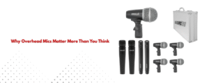 Multiple drum microphones arranged for kick, snare, toms, and overheads.