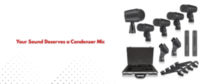 Drum miking set including dynamic and condenser mics for versatile recording. 